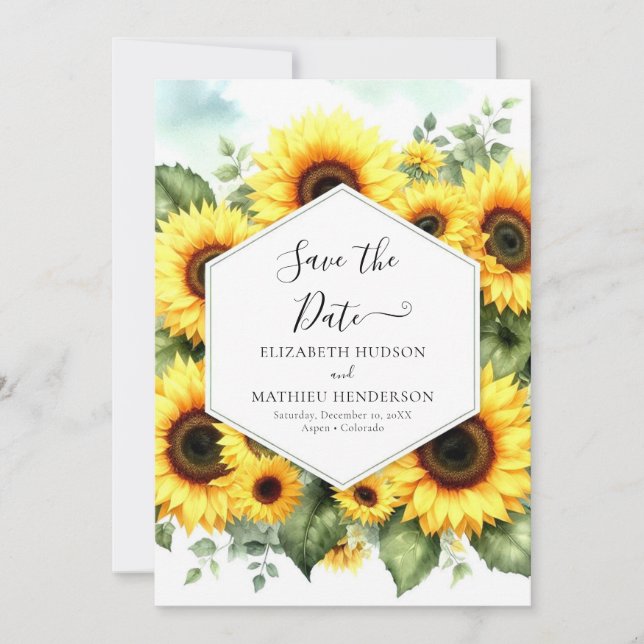 Einzigartige Sonnenblumenhochzeit Save The Date (Vorderseite)
