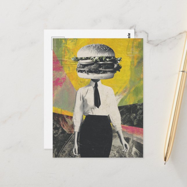 Einzigartige Surreal Cheeseburger Frau Postkarte (Vorderseite/Rückseite Beispiel)