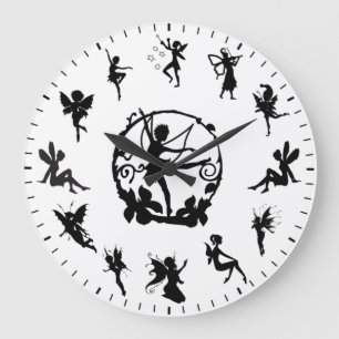 Einzigartige süße Feen-Schwarzsilhouetten-Themen Große Wanduhr