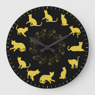 Einzigartige süße goldene Katzen-Silhouetten-Theme Große Wanduhr