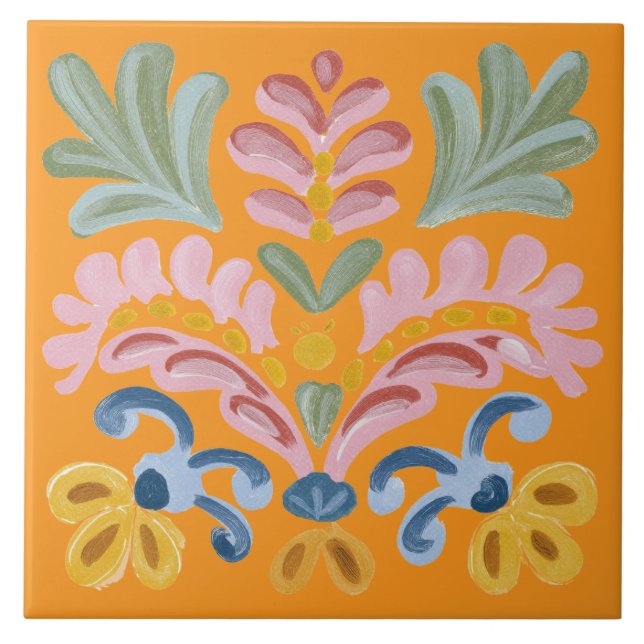 Einzigartige tropische orangefarbene Blume Fliese (Vorderseite)