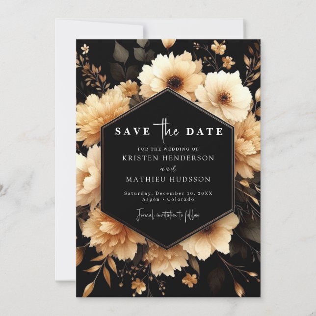 Einzigartige Typografie, Gold und Schwarze Hochzei Save The Date (Vorderseite)