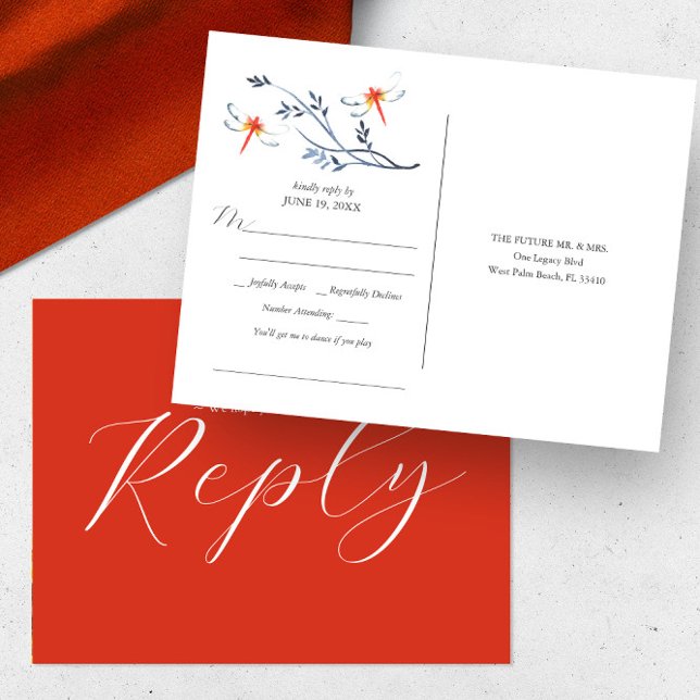 Einzigartige UAWG für Hochzeitssong Postkarte (Wedding rsvp postcard song request watercolor red dragonfly art by Victoria Grigaliunas)