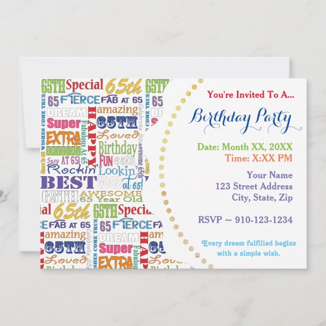 Einzigartige und besondere 65. Geburtstagsgeschenk Einladung (Vorderseite)