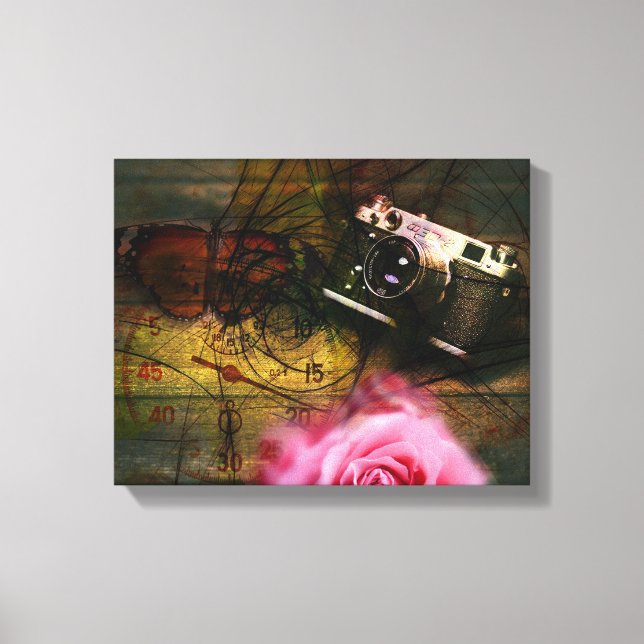Einzigartige Vintage Kamera, Uhr und Blume Leinwanddruck (Vorderseite)