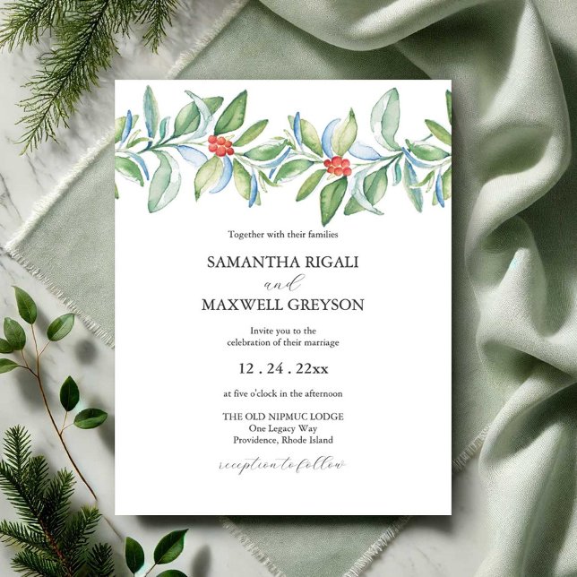 Einzigartige Weihnachtsaufenthalte Wasserfarbe Einladung (Christmas wedding invitations watercolor botanical art by Victoria Grigaliunas of Do Tell A Belle)