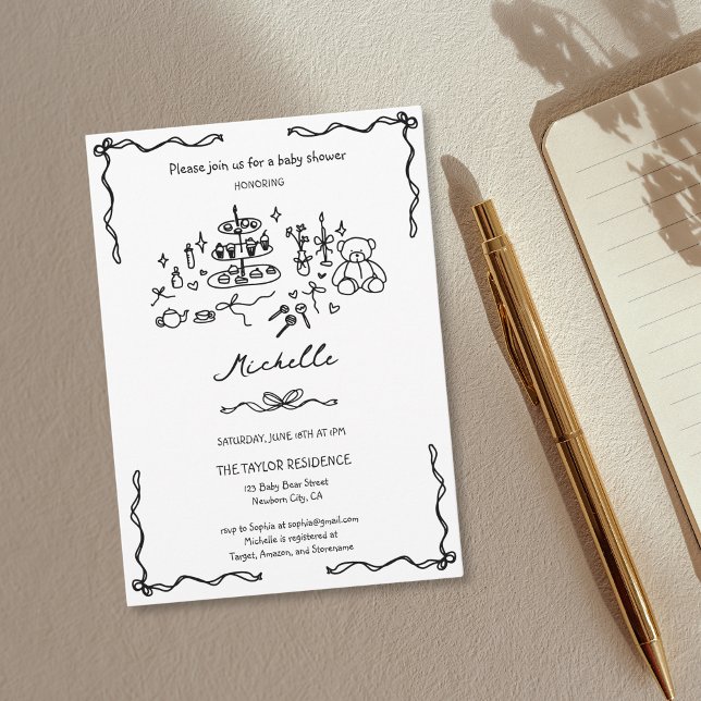 Einzigartige Whimsical Hand Drawn Doodle Kinderdus Einladung (cute whimsical hand drawn doodle for baby shower invitation with cake, cookies, teddy bear, tea...)