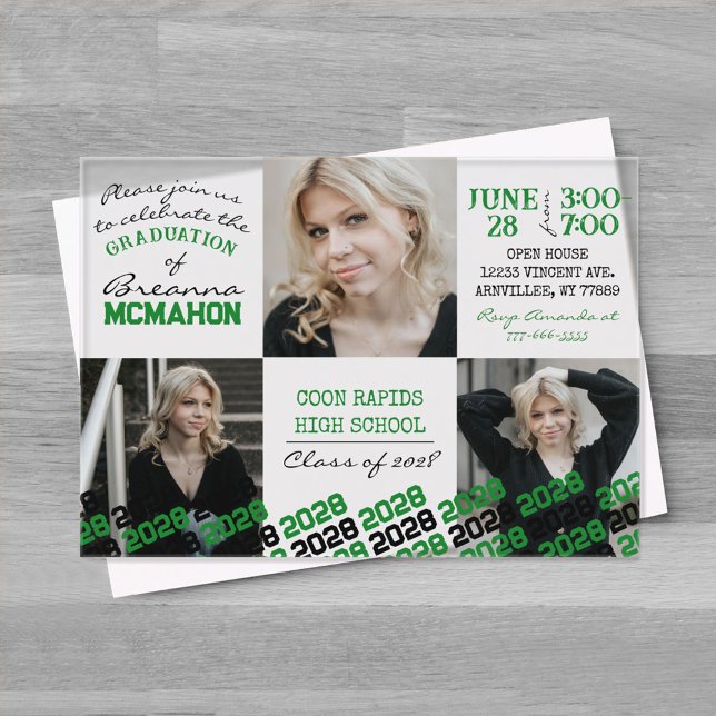 Einzigartiger Abschluss 3 Foto Mattiert Acryleinladungen (Unique Green and Black Graduation Acrylic Party Invitations)