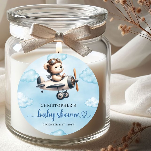 Einzigartiger Aufkleber für Jungen-Baby-Party Blau (Unique Boy Baby Shower Sticker Blue Brown Teddy Bear Aviator

)
