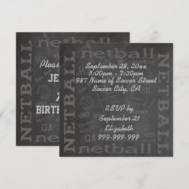 Einzigartiger Chalkboard Netball 5,25" x 5,25" Ein Einladung (Vorne/Hinten)
