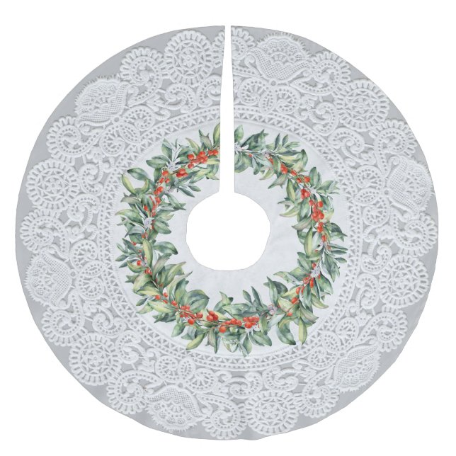 Einzigartiger "Doily"-Look mit Red Berry Wreath Polyester Weihnachtsbaumdecke (Vorderseite)