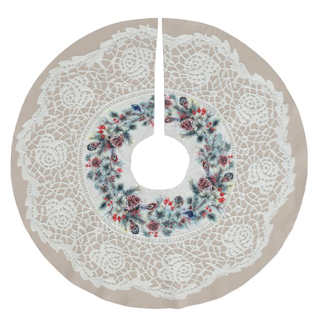 Einzigartiger "Doily" Look Winter Pine Cone Kranz Polyester Weihnachtsbaumdecke (Vorderseite)