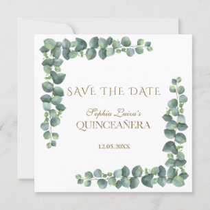 Einzigartiger Eukalyptus Foliage Gold Quinceañera Save The Date