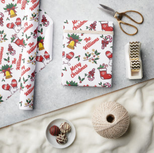Einzigartiger Familienname Weihnachten Rot und Grü Geschenkpapier