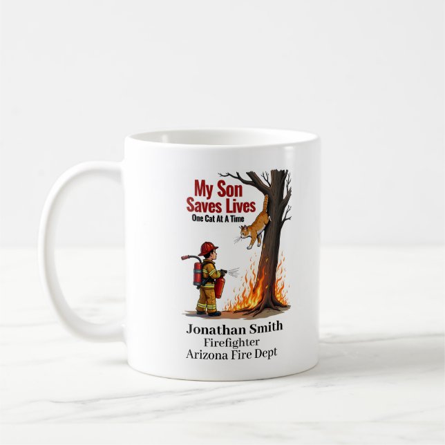 Einzigartiger Feuerwehrmann mit Katze auf brennend Kaffeetasse (Links)
