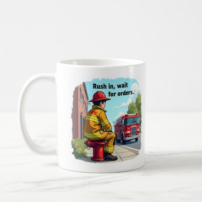 Einzigartiger Feuerwehrmann oder Feuerwehrmann mit Kaffeetasse (Links)
