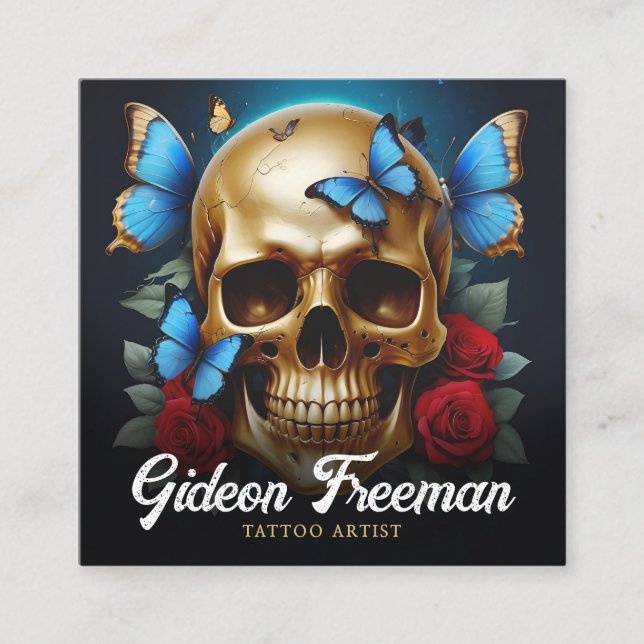 Einzigartiger Goldene Schädelbutterfly Tattoo Arti Quadratische Visitenkarte (Vorderseite)