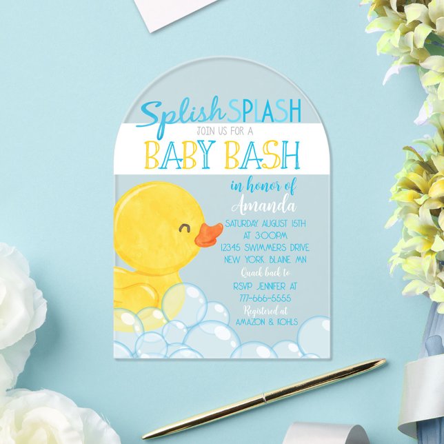 Einzigartiger Gummi Ducky Baby Dusche Akryllische  Acryleinladungen (Watercolor Rubber Duck Baby Shower Unique Frosted Acrylic Invitation - Boy Baby Shower)
