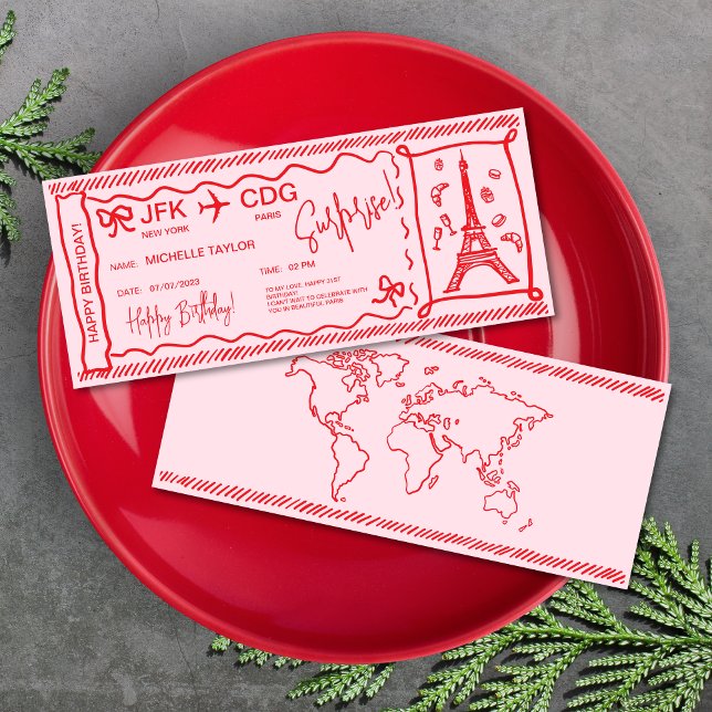 Einzigartiger handgezeichneter Pariser Boarding Einladung (hand drawn boarding pass ticket christmas surprise card, red on pink, paris, croissant, Eiffel tower)