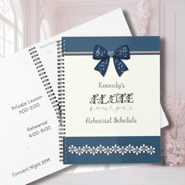 Einzigartiger Indigo-Blau-Bogenflöten-Notenplaner Planer (Unique indigo blue bow flute music planner with preppy floral design for school band students.)