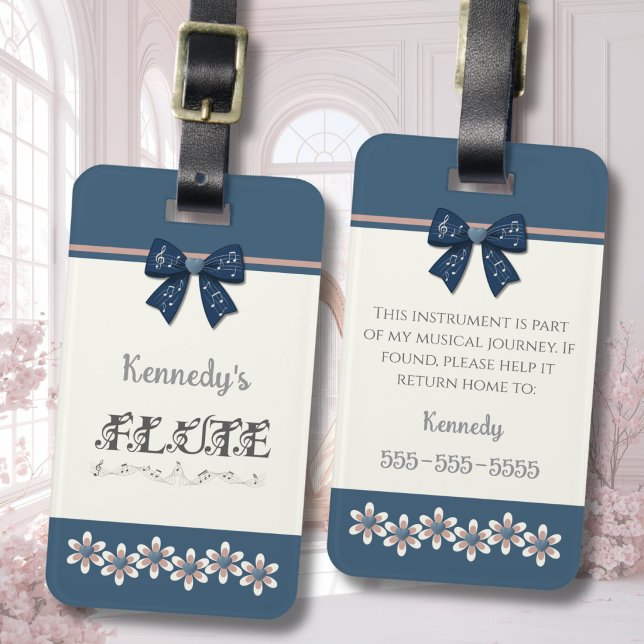 Einzigartiger Indigo-Blauer-Bogen-Flöten-Instrumen Gepäckanhänger (Unique indigo blue bow flute case tag with preppy floral design and contact info reverse side.)