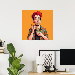 Einzigartiger lustiger Mann, der seine Nudeln fröh Poster
