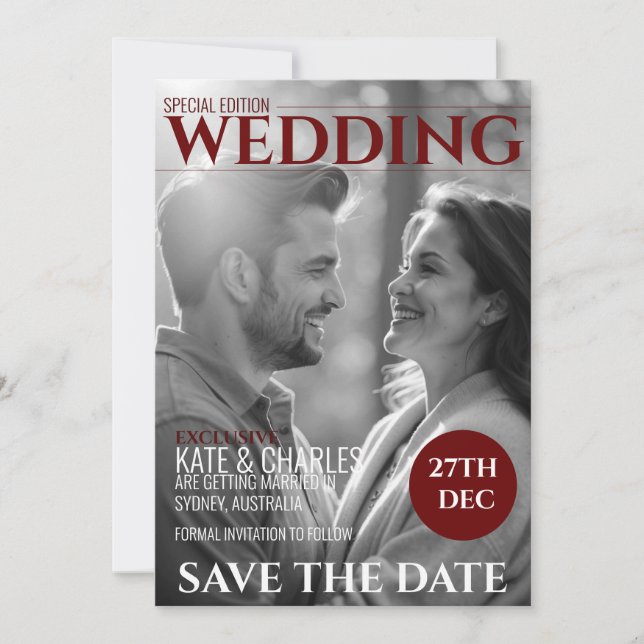 Einzigartiger Magazinstil Save the Date Einladung (Vorderseite)