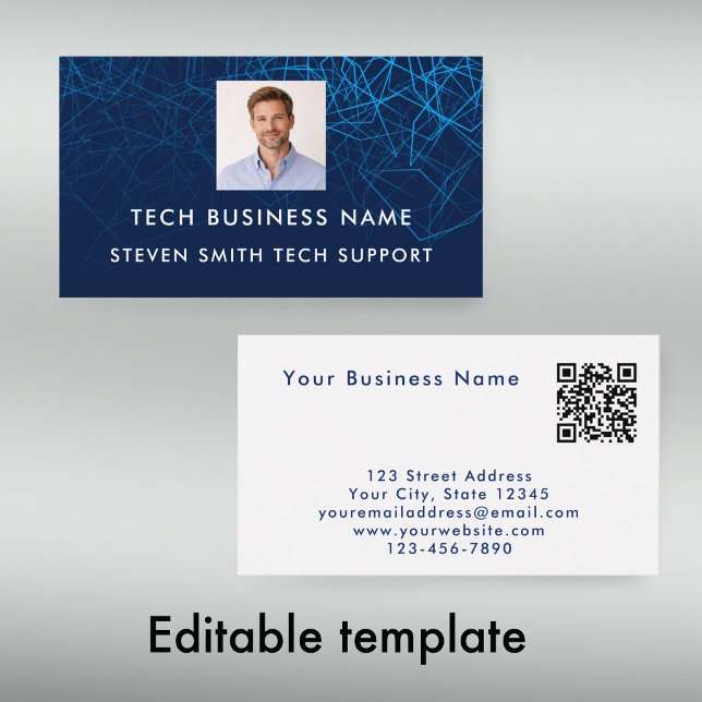 Einzigartiger moderner blauer Foto-QR-Code Tech-Pr Visitenkarte (Personalize this modern blue geometric business card template
)