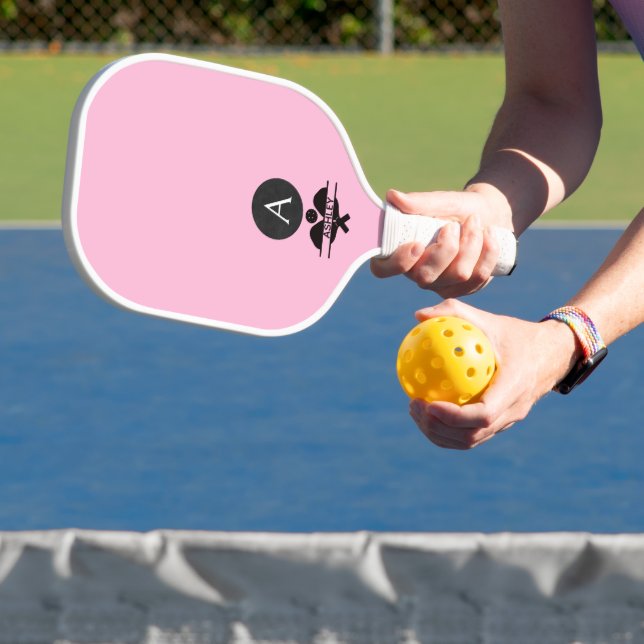 Einzigartiger Monogramm-Name Rosa Weiß Pickleball Schläger (InSitu)