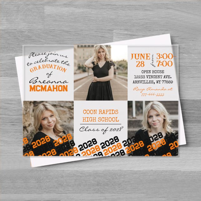 Einzigartiger Orange- und Schwarzer Abschluss 3 Fo Acryleinladungen (Unique Orange and Black Graduation Acrylic Party Invitations)