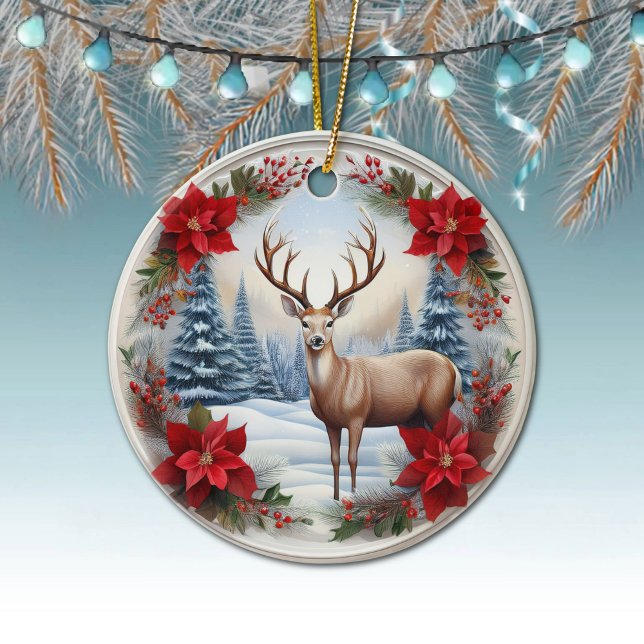 Einzigartiger Rentier, Winterszene Poinsettias, Hi Keramik Ornament (Reindeer, Deer Antlers, Floral Fawn, Doe, Poinsettia Flowers Winter Scene Ornament Front/Back 🦌🎄)
