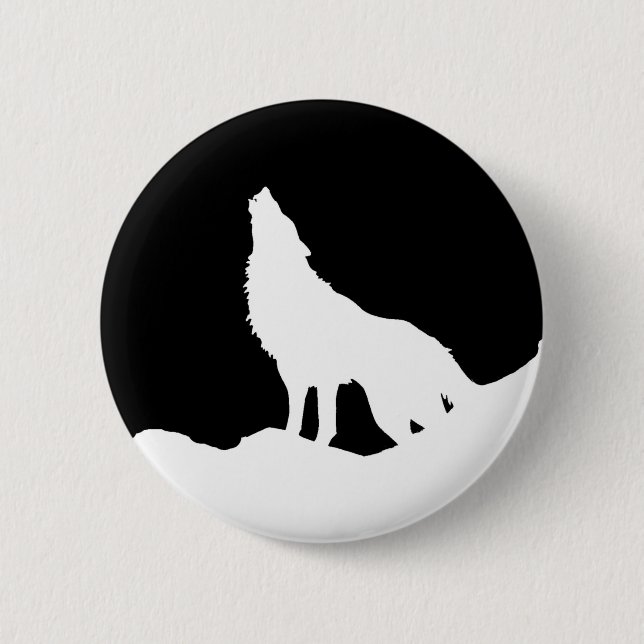 Einzigartiger Schwarz-Weiß-Pop Art Wolf Silhouette Button (Vorderseite)