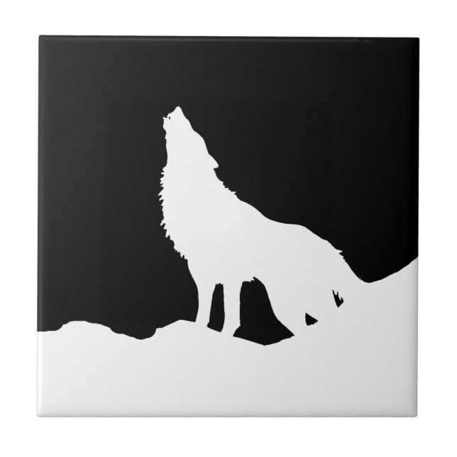 Einzigartiger Schwarz-Weiß-Pop Art Wolf Silhouette Fliese (Vorderseite)