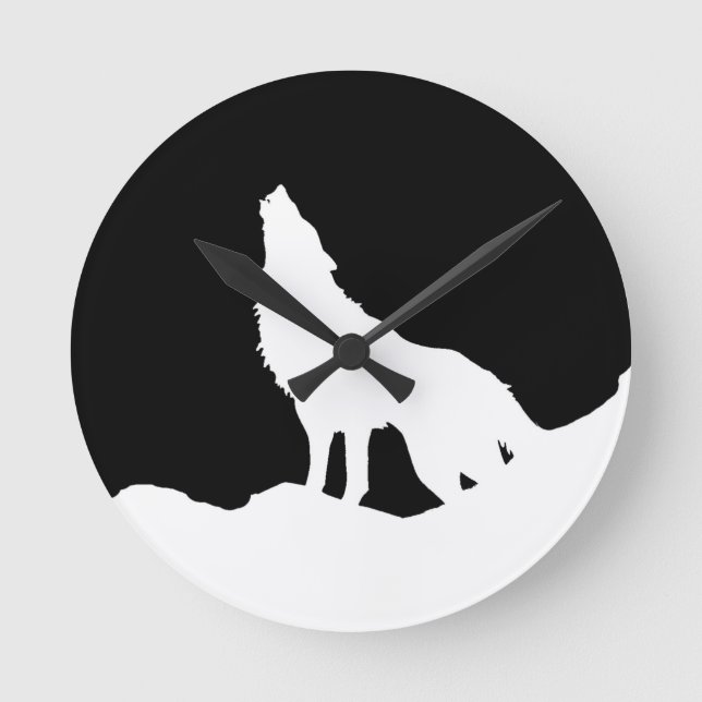 Einzigartiger Schwarz-Weiß-Pop Art Wolf Silhouette Runde Wanduhr (Vorderseite)