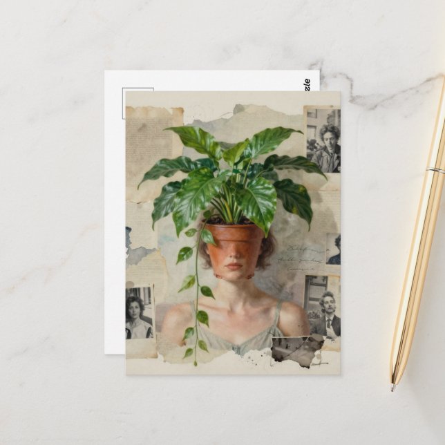 Einzigartiger surrealer Blumenkübel Frau Postkarte (Vorderseite/Rückseite Beispiel)
