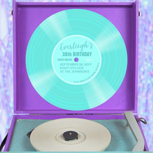 Einzigartiger türkisfarbener Vinyl Rekord Geburtst Einladung (turquoise color vinyl record pop birthday invitation with aqua label)