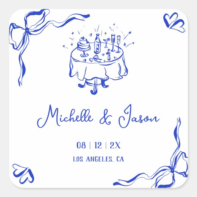 Einzigartiger Whimsical Quirky Blue Hand gezeichne Quadratischer Aufkleber (Vorderseite)