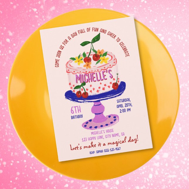 Einzigartiger Whimsical Quirky Geburtstagskuchen Einladung (colorful whimsical cake with the cherry on top and pink background birthday invitation)