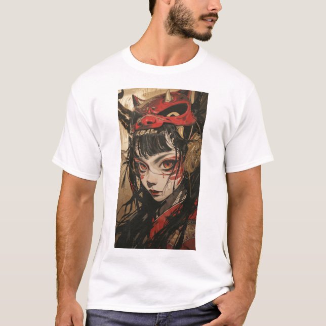 Einzigartiges Anime Girl mit Rot und Gold Oni Mask T-Shirt (Vorderseite)