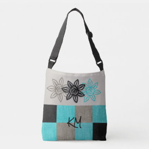 Einzigartiges Aqua Black Tan Tote Beutel mit Blume Tragetaschen Mit Langen Trägern