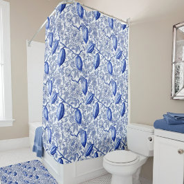 Einzigartiges blaues Toile-Kokos-Chic-Botanikmuste Duschvorhang