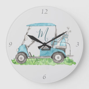 Einzigartiges Blue Golf Cart Monogram Wassercolor Große Wanduhr