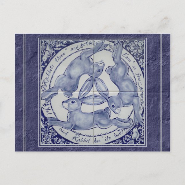 Einzigartiges Blue Three Rabbits Hares Tile Mural  Postkarte (Vorderseite)