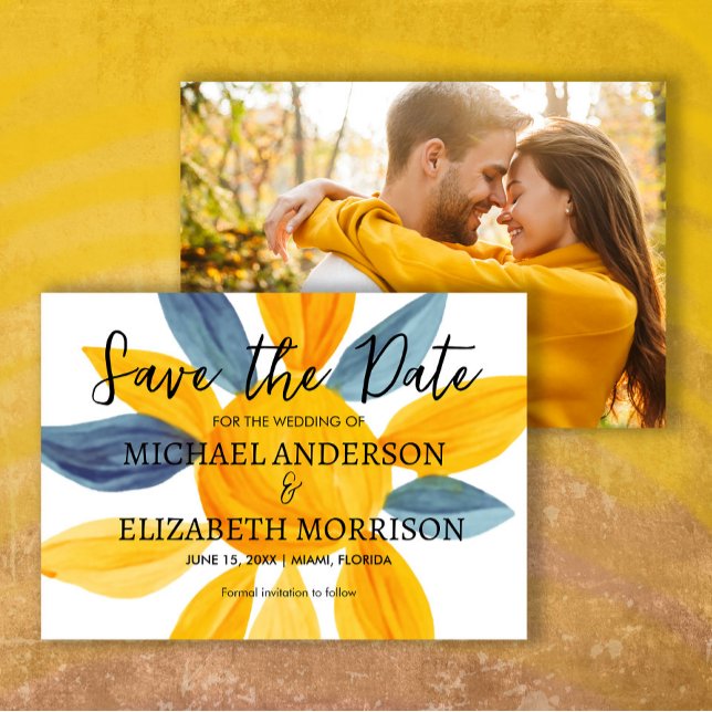 Einzigartiges Blue Yellow Wedding Foto Rett Date Save The Date (Yellow and blue watercolor wedding photo Save the Date)