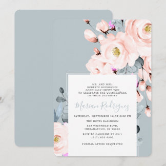Einzigartiges Blush & Blue Wasserfarbe Blumenstrau Einladung