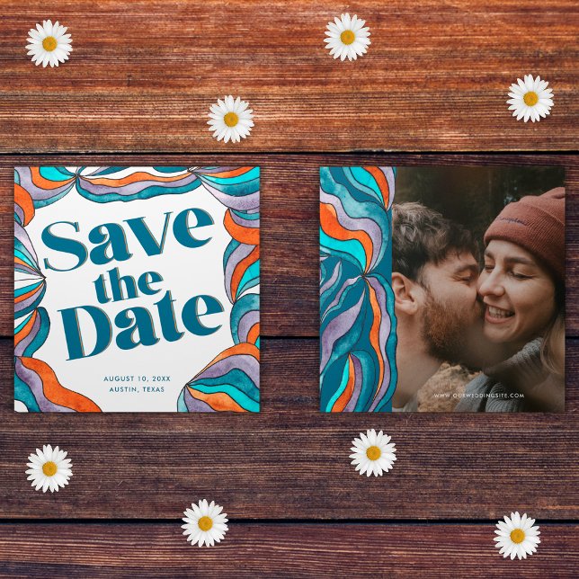 Einzigartiges Boho Groovy Retro Blue Wavy Foto Save The Date (Front and Back)