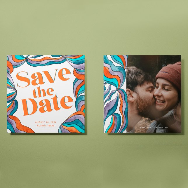 Einzigartiges Boho Groovy Retro farbiges Foto Save The Date (Front and Back)