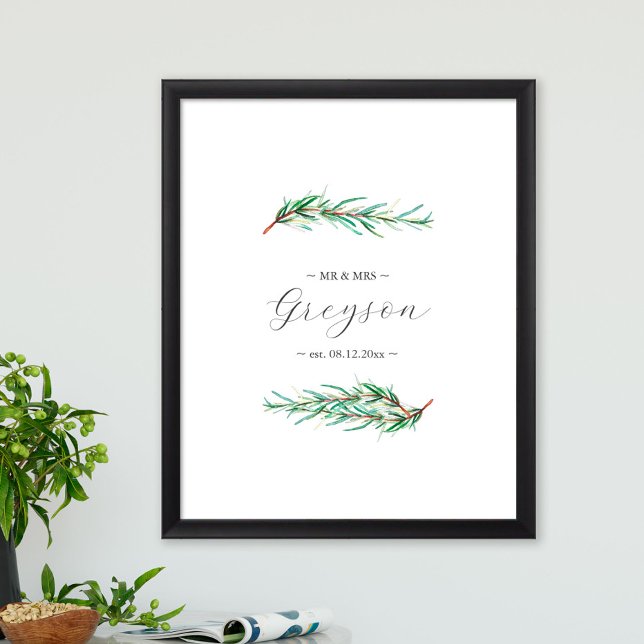 Einzigartiges botanisches Hochzeitsszeichen und Be Poster (Sustainable wedding sign features unique watercolor rosemary art by Victoria Grigaliunas)