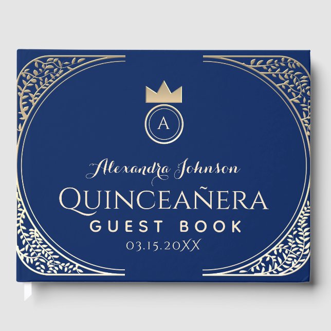 Einzigartiges Elegante Qiunceanera Royal Blue Gold Gästebuch (Vorderseite)