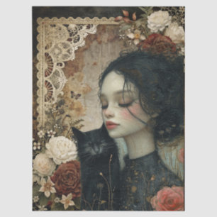 Einzigartiges Elegantes Girl & Black Cat Blumengar Seidenpapier